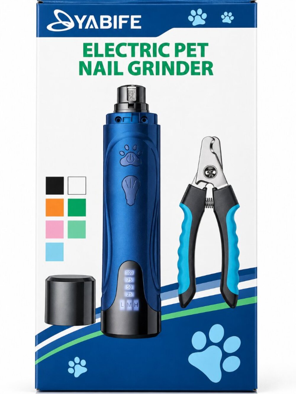 YABIFE Dog Nail Grinder & Clippers Kit 3 Speed 2 LED Lights Blue Pet Grooming